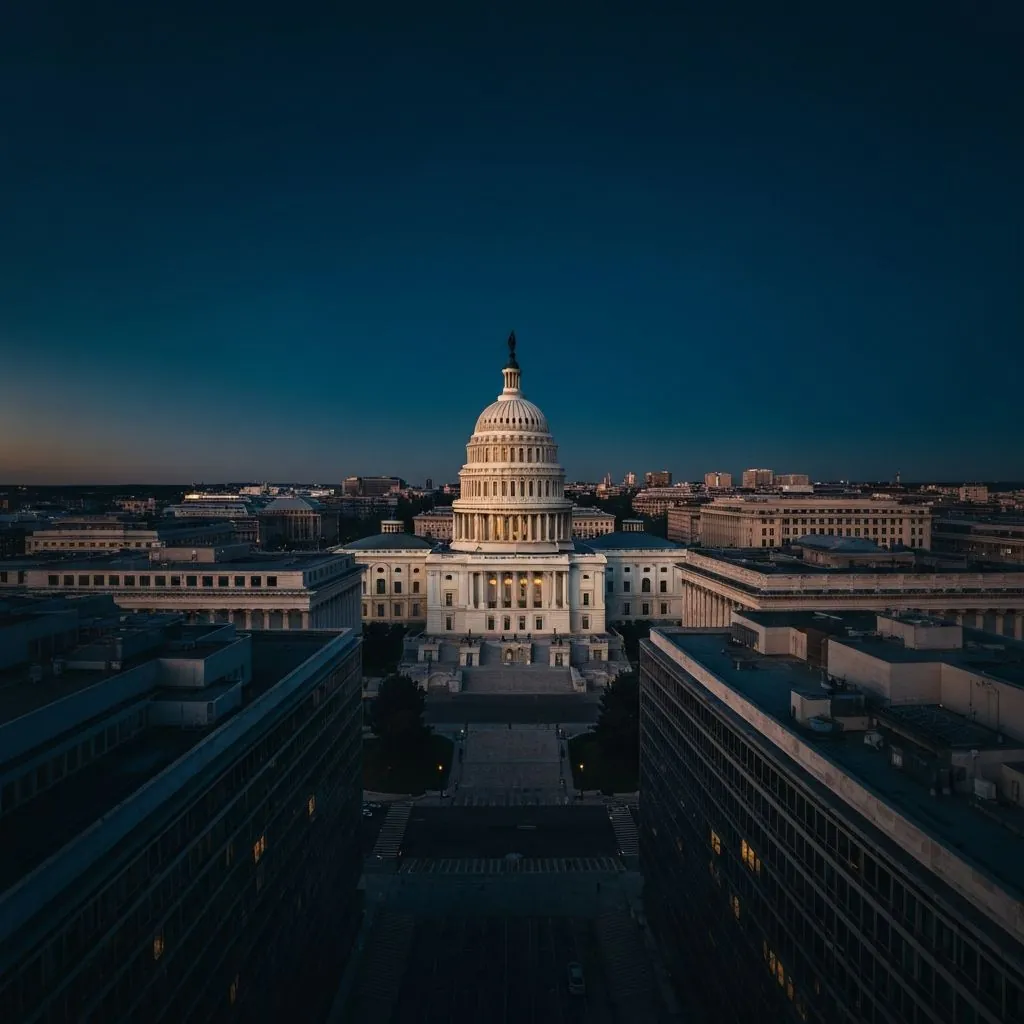 The United States Capitol at dusk under a deep blue sky